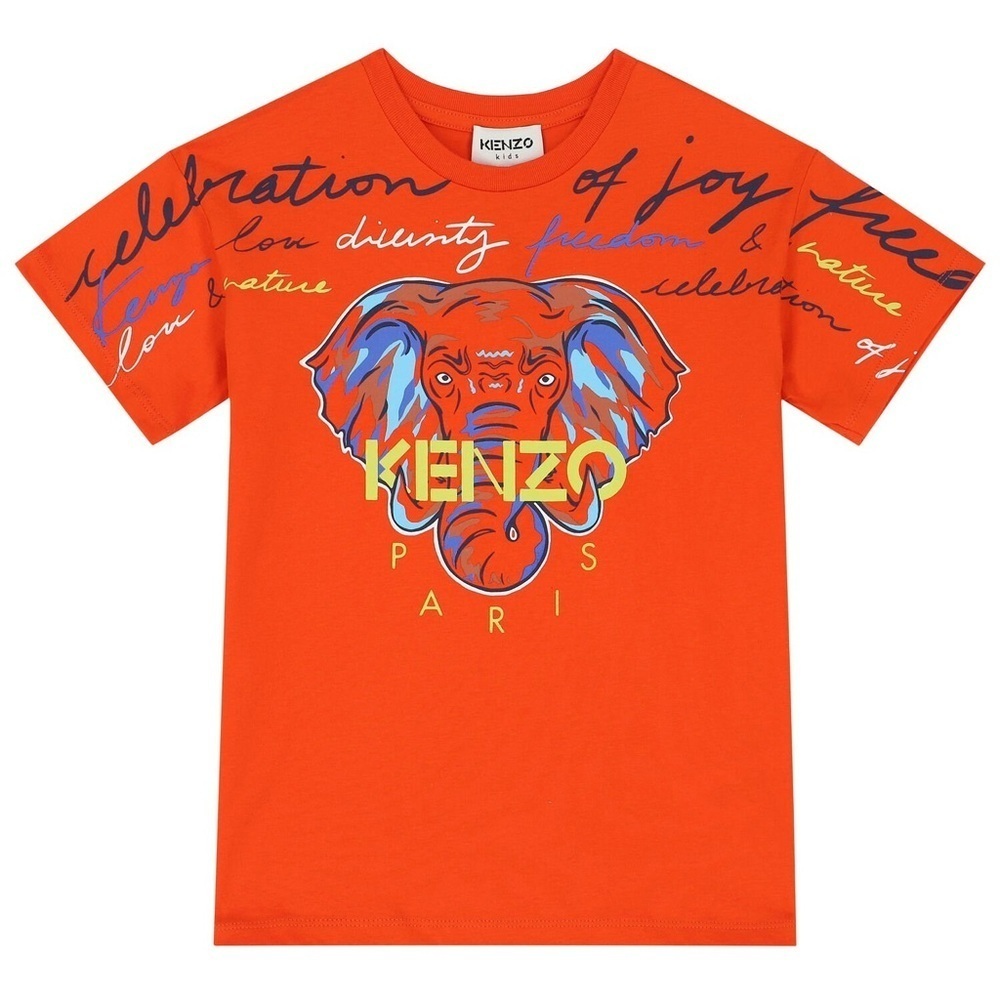 Kenzo Paris Top Kids 4 Orange Elephant Graphic Tee Short Sleeve